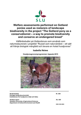 Welfare Assessments Performed on Gotland Ponies Used As Restorers of Landscape Biodiversity in the Project “The Gotland Pony A