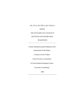 He Atua, He Tipua, He Tākata Rānei: an Analysis of Early South Island Māori Oral Traditions