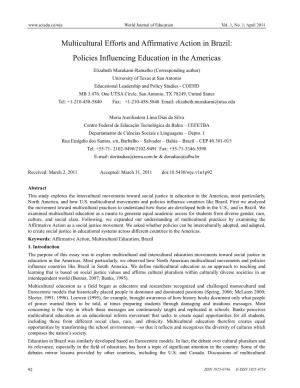 Multicultural Efforts and Affirmative Action in Brazil: Policies Influencing Education in the Americas