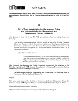 10 City of Toronto Art Collection Management Policy and Historical