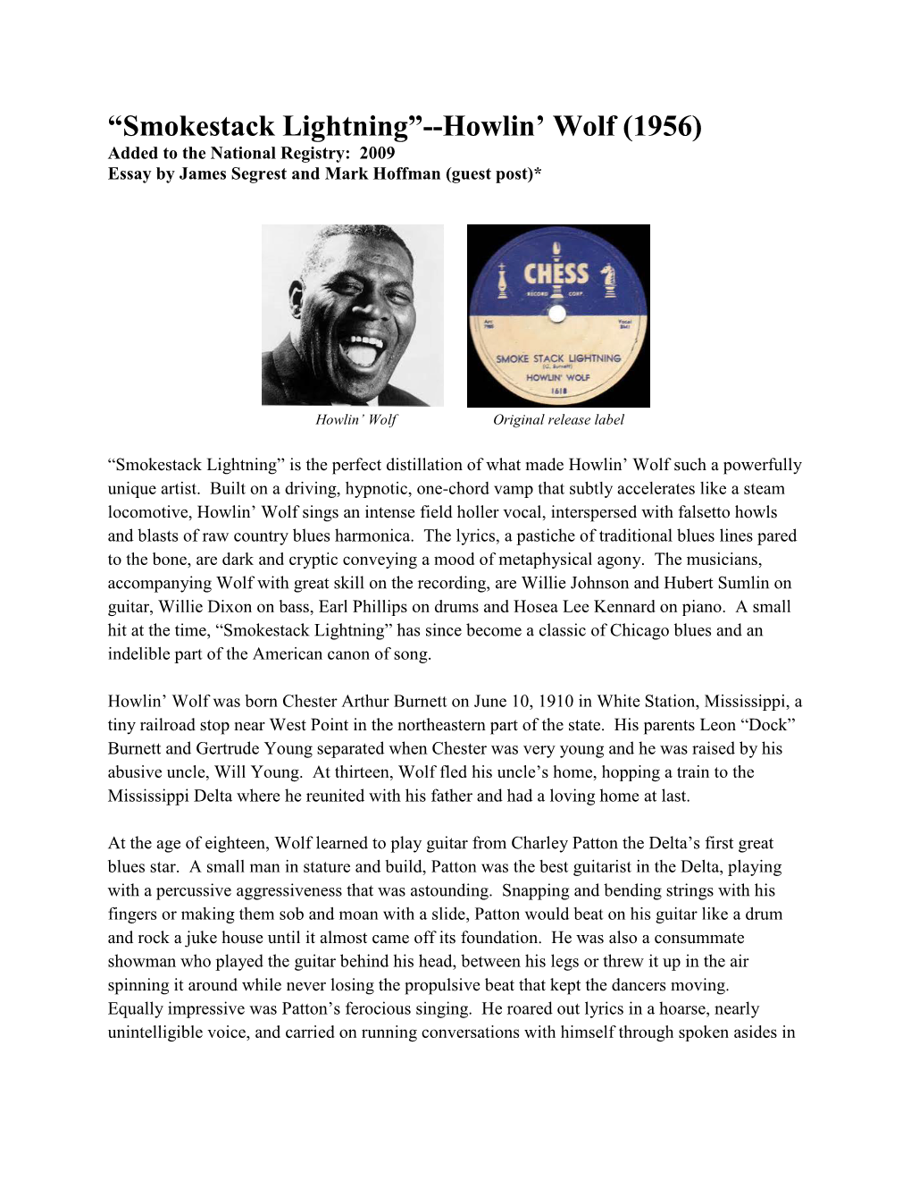 Smokestack Lightning”--Howlin’ Wolf (1956) Added to the National Registry: 2009 Essay by James Segrest and Mark Hoffman (Guest Post)*