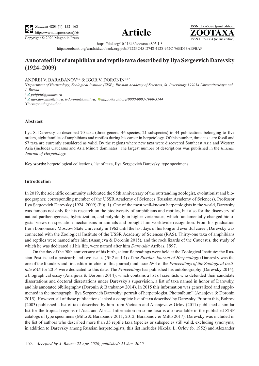 Annotated List of Amphibian and Reptile Taxa Described by Ilya Sergeevich Darevsky (1924–2009)