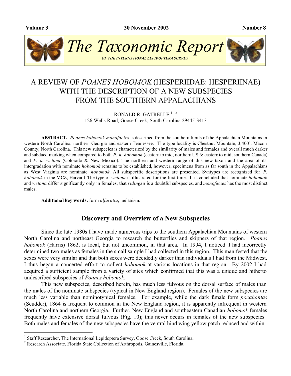 Poanes Hobomok (Hesperiidae: Hesperiinae) with the Description of a New Subspecies from the Southern Appalachians