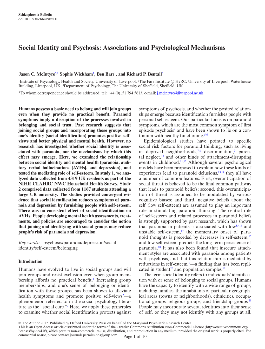 Social Identity and Psychosis: Associations and Psychological Mechanisms