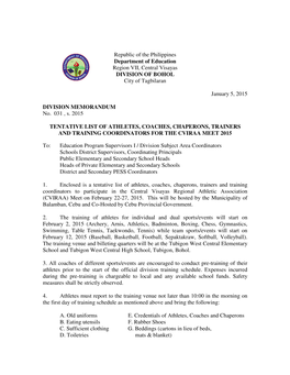 Republic of the Philippines Department of Education Region VII, Central Visayas DIVISION of BOHOL City of Tagbilaran