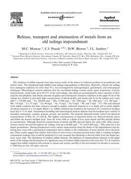 Release, Transport and Attenuation of Metals from an Old Tailings Impoundment