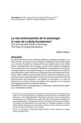 La Raíz Antihumanista De La Sociología: El Caso De Ludwig Gumplowicz1 the Anti-Humanist Roots of Sociology: the Case of Ludwig Gumplowicz