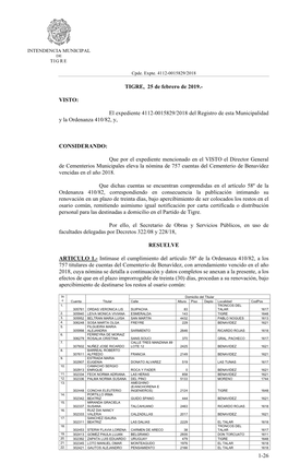 1-26 TIGRE, 25 De Febrero De 2019.- VISTO: El Expediente 4112-0015829/2018 Del Registro De Esta Municipalidad Y La Ordenanza 4