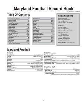 Maryland Football Record Book Updated: March 9, 2021 Table of Contents Media Relations Dustin Semonavick Annual Records & Finishes 2-4 Kickoff Returns 59-60 (Asst