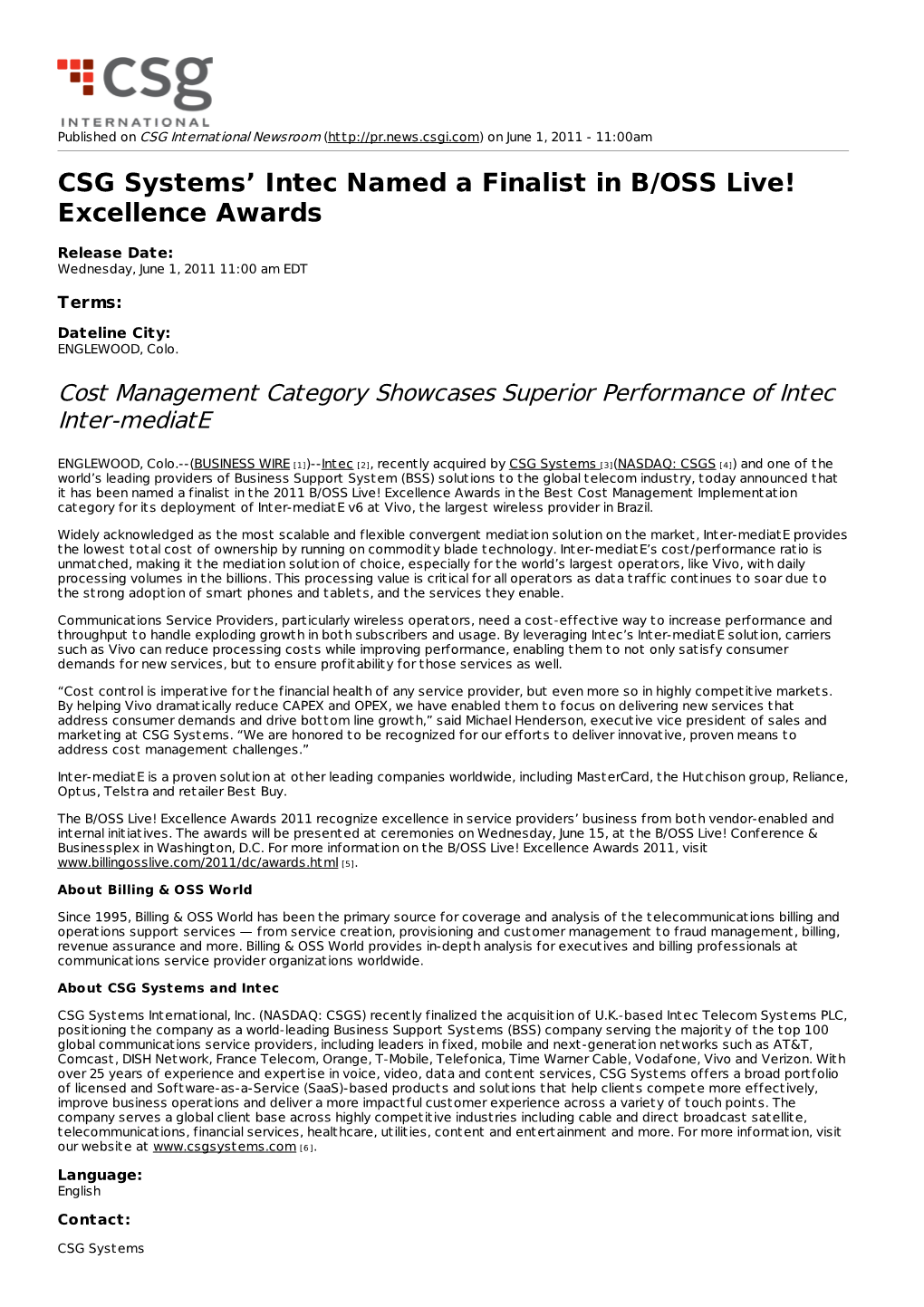 CSG Systems' Intec Named a Finalist in B/OSS Live! Excellence Awards