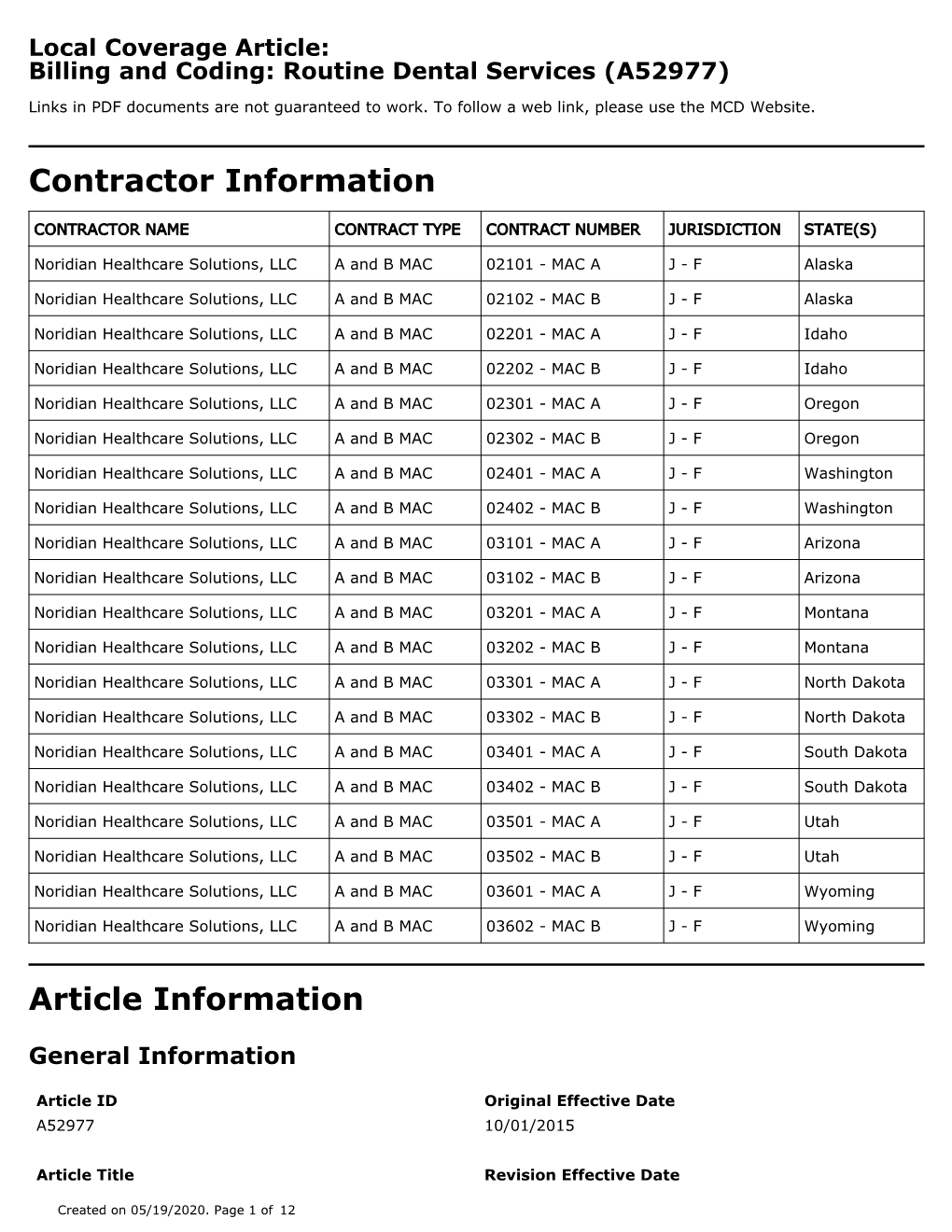 Billing and Coding: Routine Dental Services Local Coverage Article