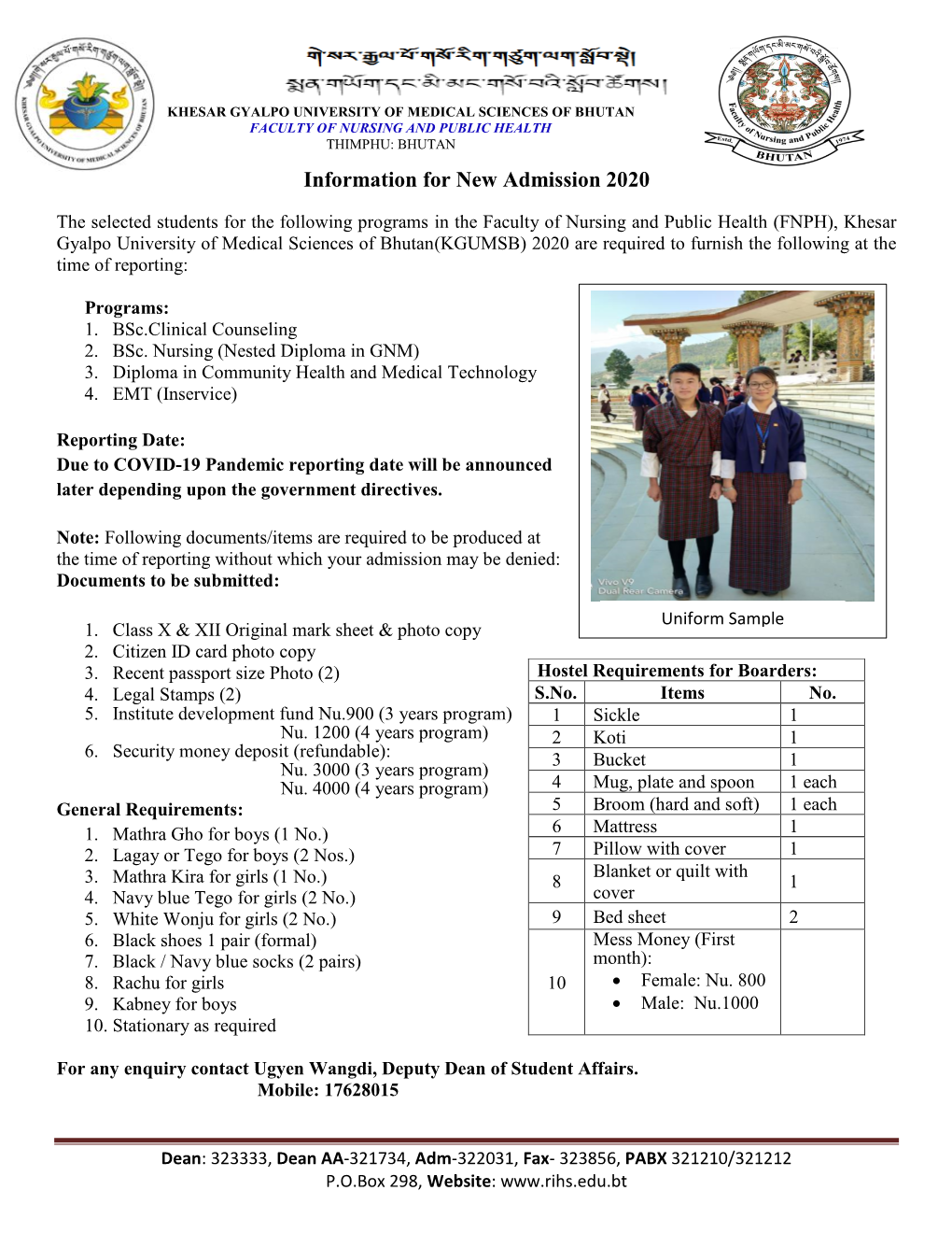 Information for New Admission 2020