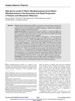 High Serum Levels of Matrix Metalloproteinase-9 and Matrix