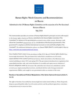 Human Rights Watch Concerns and Recommendations on Russia Submitted to the UN Human Rights Committee on the Occasion of Its Pre-Sessional Review of Russia May 2014
