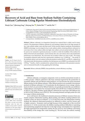 Recovery of Acid and Base from Sodium Sulfate Containing Lithium Carbonate Using Bipolar Membrane Electrodialysis