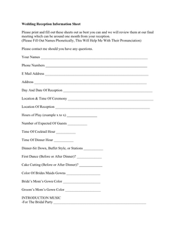 Wedding Reception Information Sheet