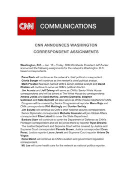 Cnn Announces Washington Correspondent Assignments