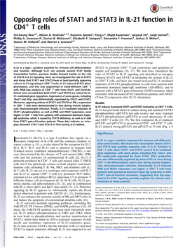 Opposing Roles of STAT1 and STAT3 in IL-21 Function in + CD4 T Cells