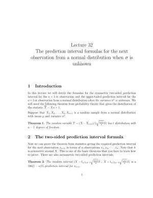 Lecture 32 the Prediction Interval Formulas for the Next Observation from a Normal Distribution When Σ Is Unknown