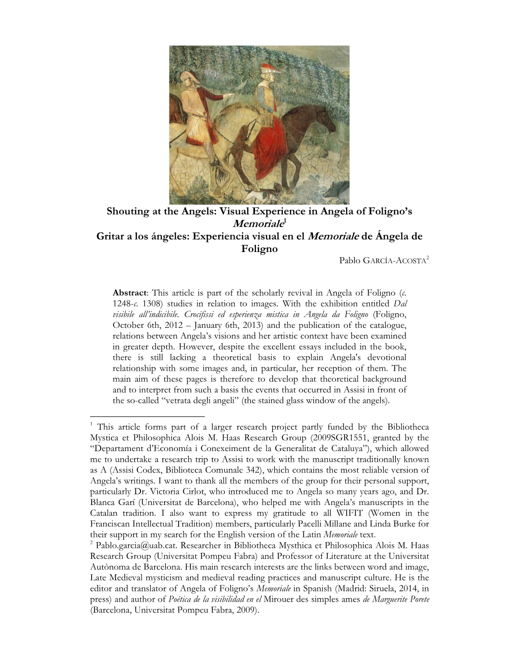 Visual Experience in Angela of Foligno's Memoriale