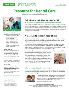 Resource for Dental Care a Guide to Free and Low-Cost Dental Care