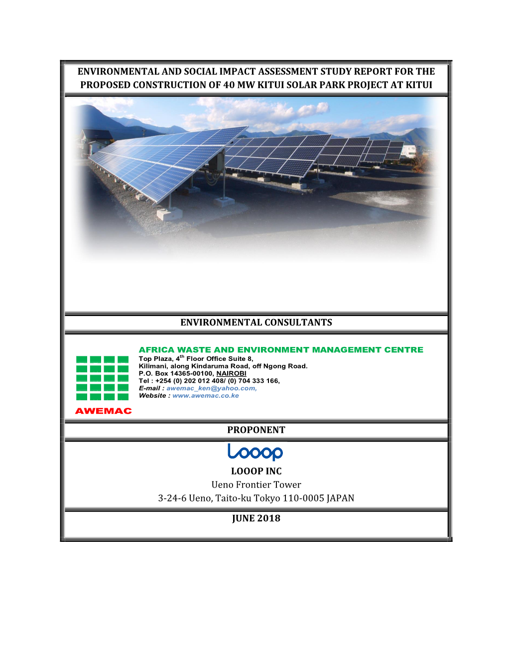 Environmental and Social Impact Assessment Study Report for the Proposed Construction of 40 Mw Kitui Solar Park Project at Kitui