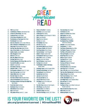 IS YOUR FAVORITE on the LIST? Pbs.Org/Greatamericanread | #Greatreadpbs