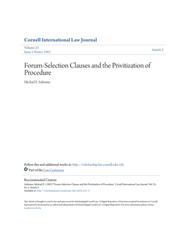 Forum-Selection Clauses and the Privitization of Procedure Michael E