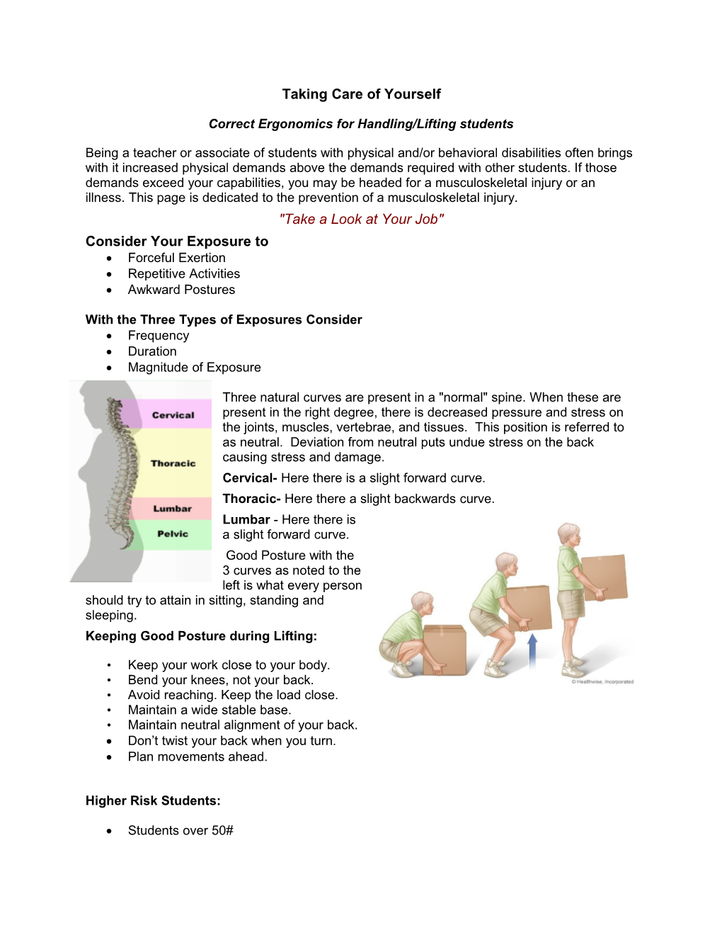 Correct Ergonomics for Handling/Lifting Students