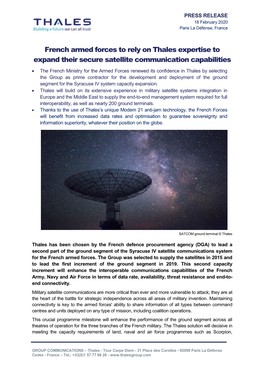 French Armed Forces to Rely on Thales Expertise to Expand Their Secure Satellite Communication Capabilities