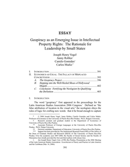 ESSAY Geopiracy As an Emerging Issue in Intellectual Property Rights: the Rationale for Leadership by Small States*