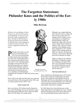 Philander Knox and the Politics of the Ear- Ly 1900S