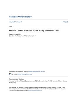 Medical Care of American Pows During the War of 1812