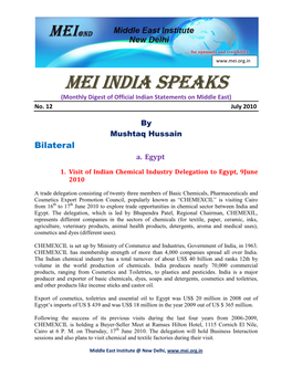 MEI India Speaks (Monthly Digest of Official Indian Statements on Middle East) No