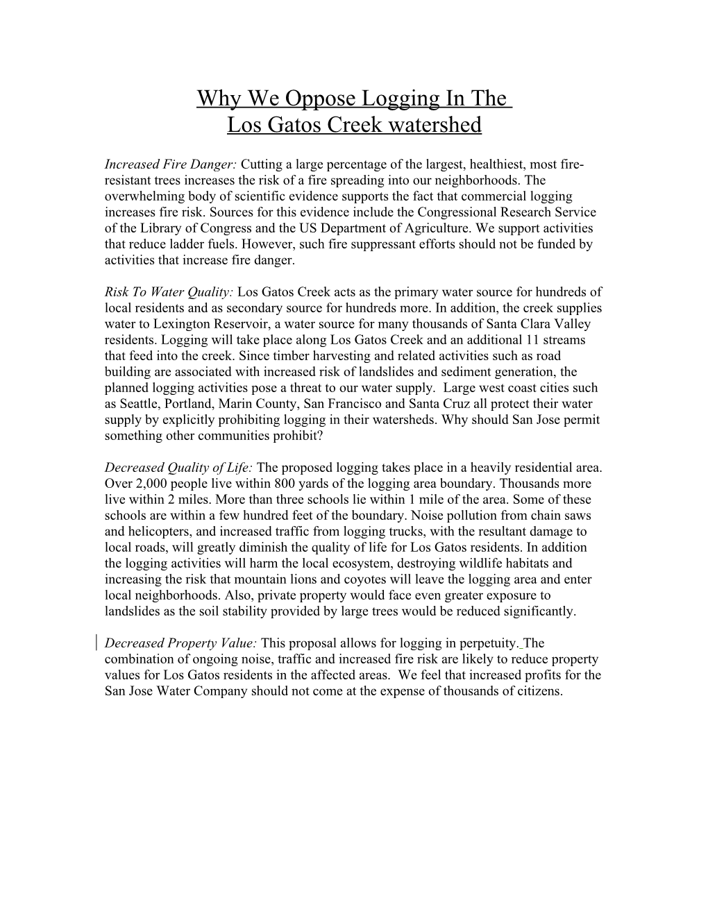 Why We Oppose Logging in the Los Gatos Creek Watershed