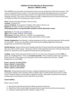 Syllabus for Introduction to Neuroscience (Honors-‐ NROSCI 1003)