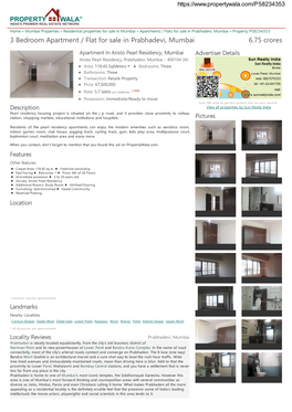 3 Bedroom Apartment / Flat for Sale in Prabhadevi, Mumbai (P58234353