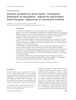 (Coleoptera: Dytiscidae) on Mosquitoes: Support for Conservation- Based Mosquito Suppression in Constructed Wetlands