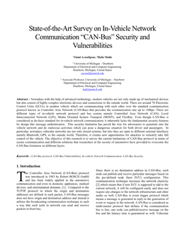 State-Of-The-Art Survey on In-Vehicle Network Communication “CAN-Bus” Security and Vulnerabilities