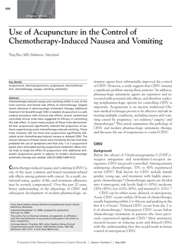 Use of Acupuncture in the Control of Chemotherapy-Induced Nausea and Vomiting
