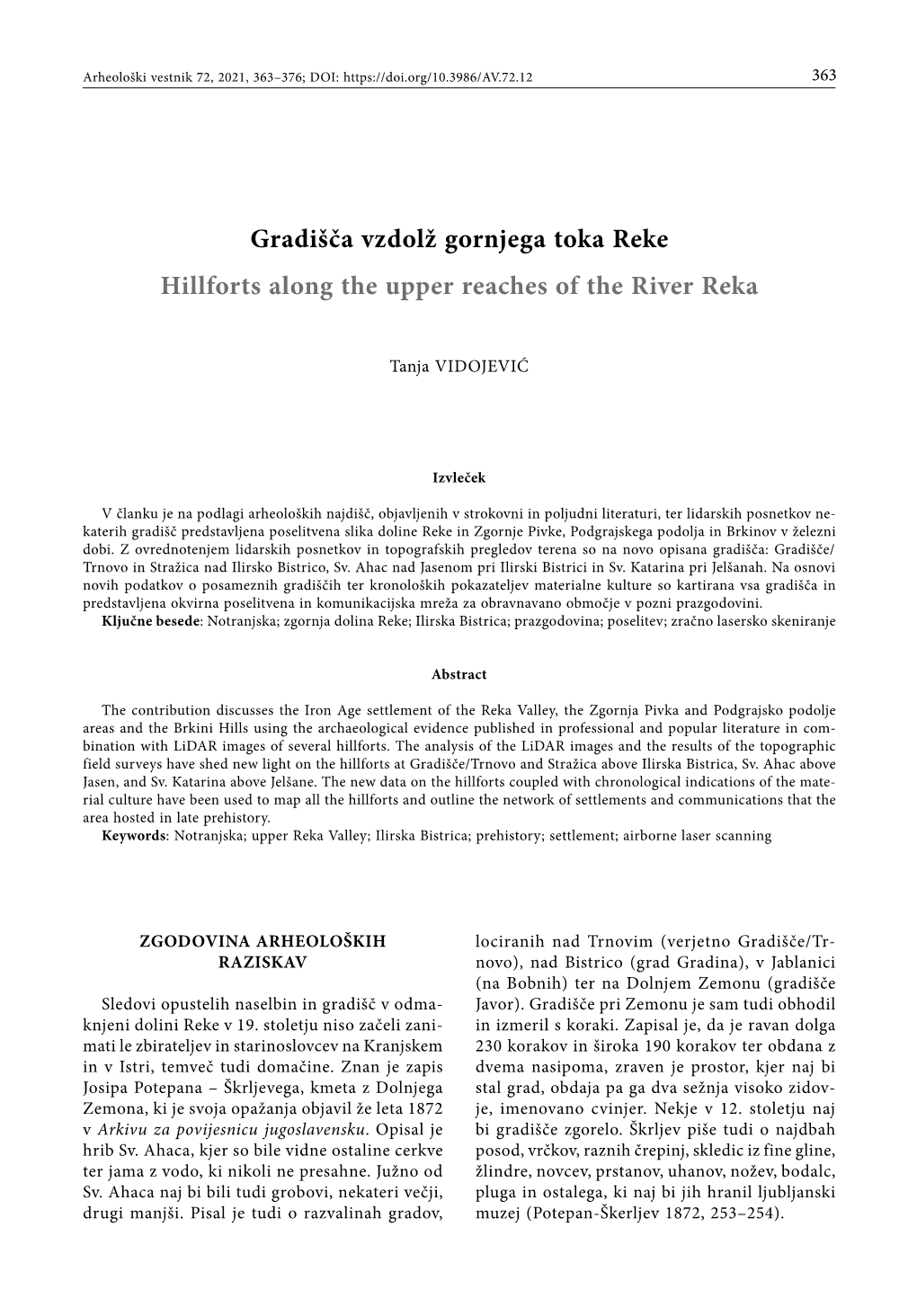 Gradišča Vzdolž Gornjega Toka Reke Hillforts Along the Upper Reaches of the River Reka