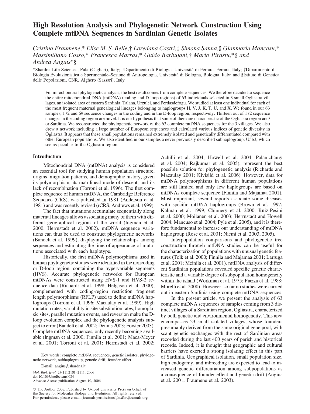 High Resolution Analysis and Phylogenetic Network Construction Using Complete Mtdna Sequences in Sardinian Genetic Isolates