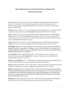 Index of Botanist Names Associated with the Flora of Putnam Park Frederick Warren King