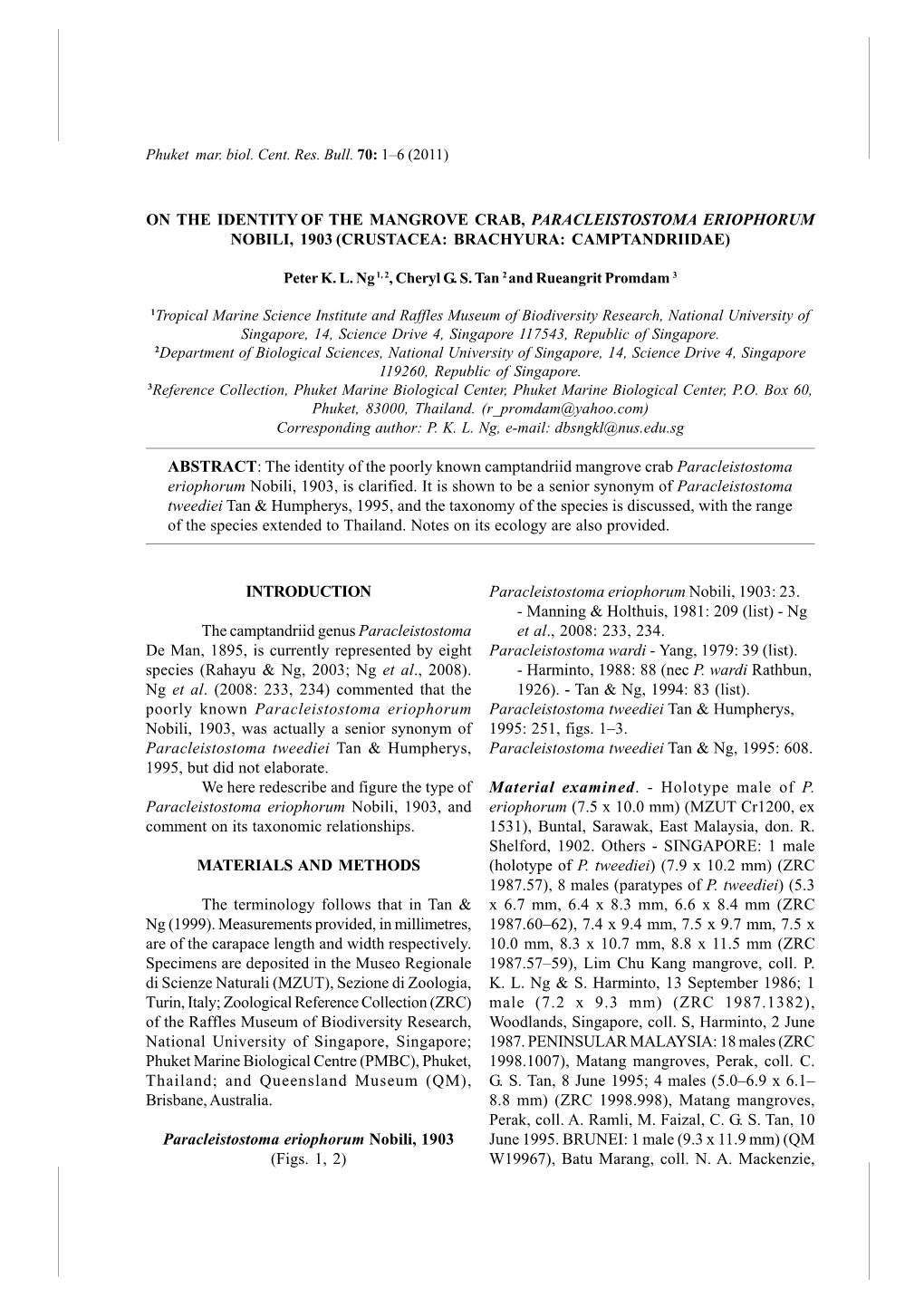 On the Identity of the Mangrove Crab, Paracleistostoma Eriophorum Nobili, 1903 (Crustacea: Brachyura: Camptandriidae)