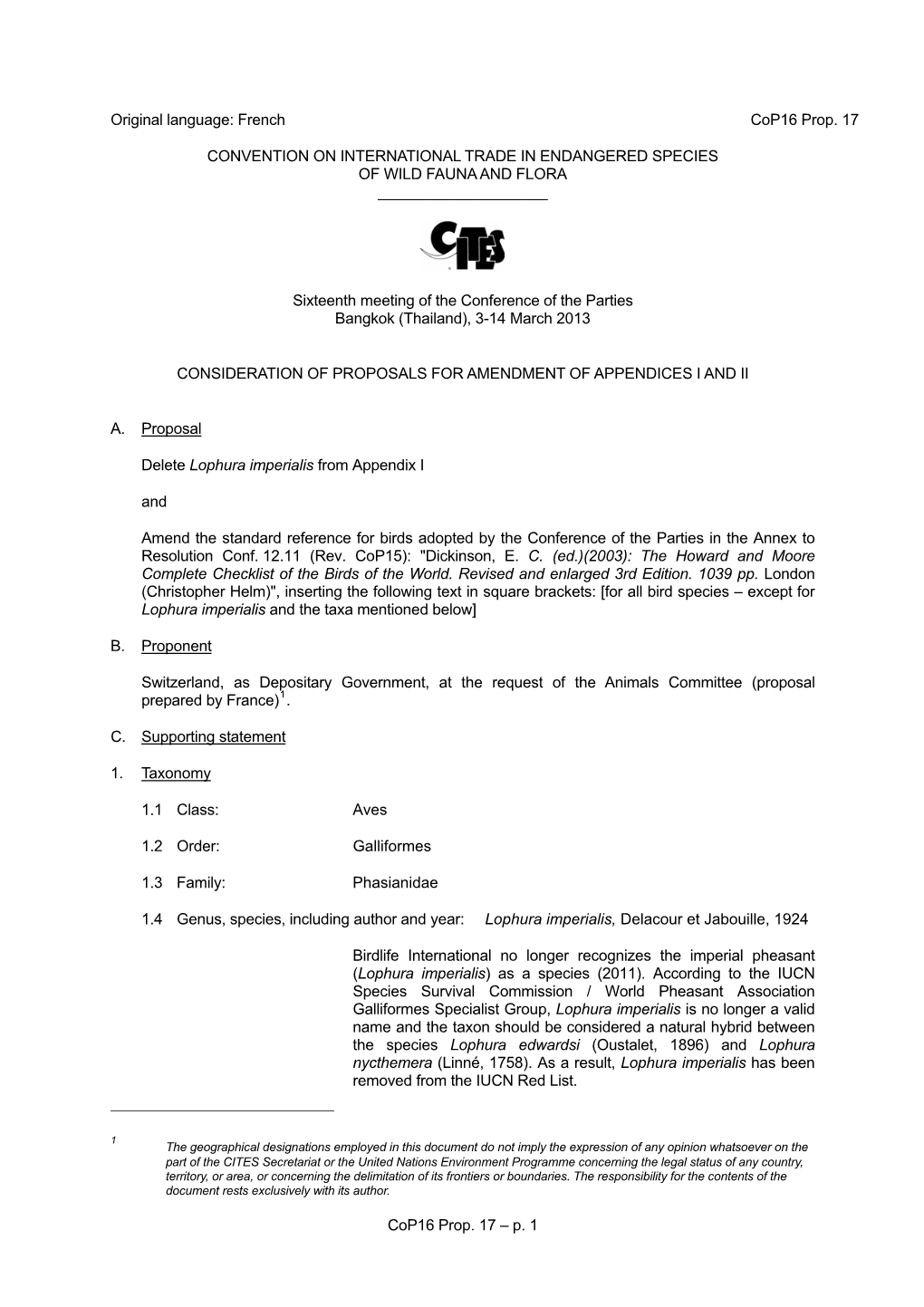 Proposal for Amendment of Appendix I Or II for CITES Cop16