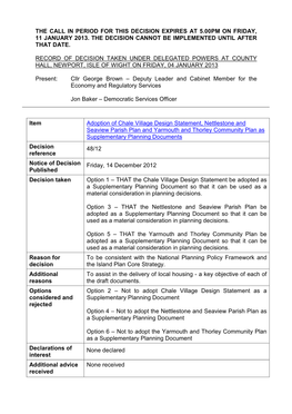 Adoption of Chale Village Design Statement, Nettlestone and Seaview Parish Plan and Yarmouth and Thorley Community Plan As Supplementary Planning Documents