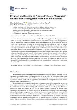 Creation and Staging of Android Theatre ``Sayonara'' Towards Developing Highly Human-Like Robots