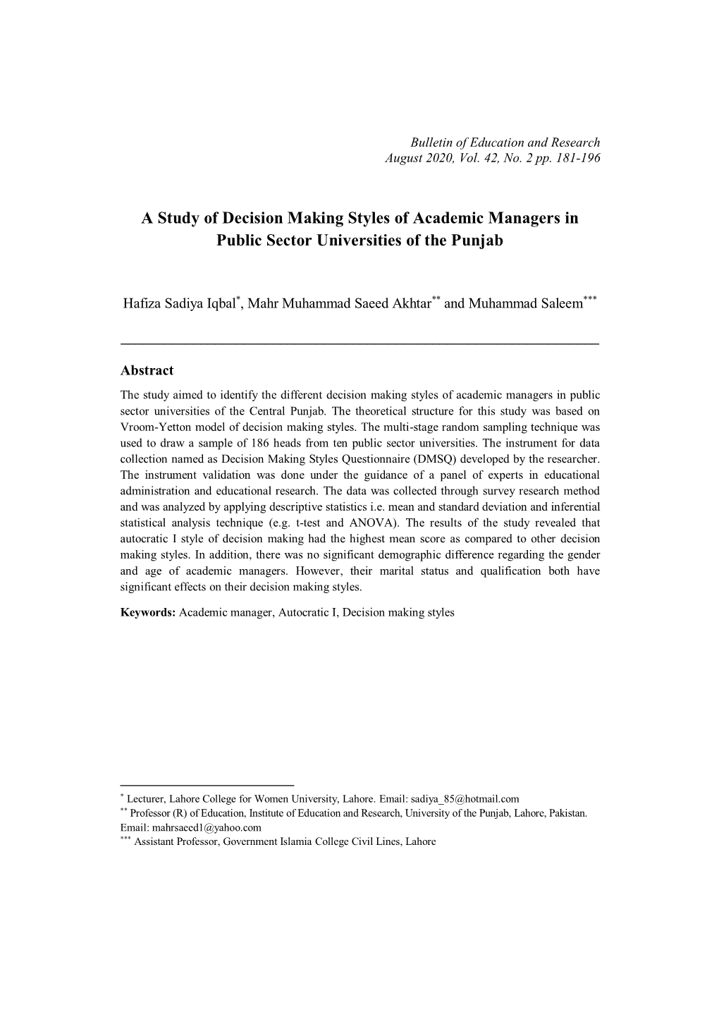 A Study of Decision Making Styles of Academic Managers in Public Sector Universities of the Punjab