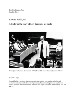 Howard Raiffa, 92 a Leader in the Study of How Decisions Are Made