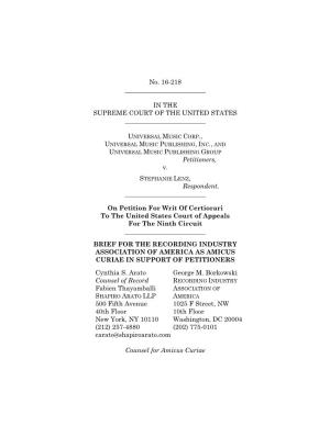 Brief Amicus Curiae of Recording Industry Association of America Filed